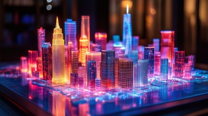 A digital cityscape model projected on a table, urban planning concept