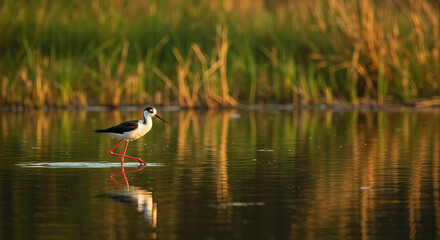 Black-necked Stilt walking in shallow water, nature photography for wildlife publications and environmental blogs
