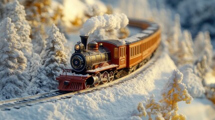 A charming mountain train winding through alpine snowfields