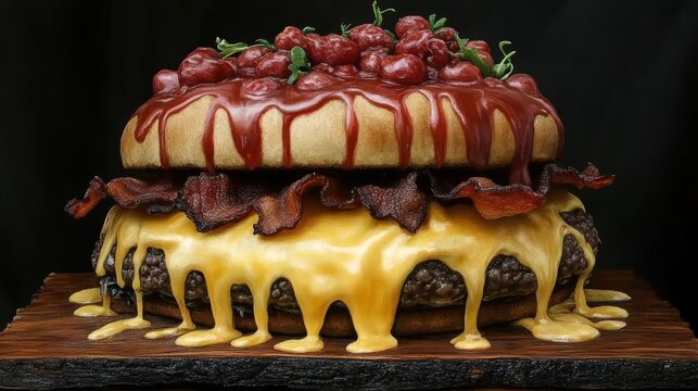 A hyper-realistic hamburger with melted cheese, bacon, and fresh toppings