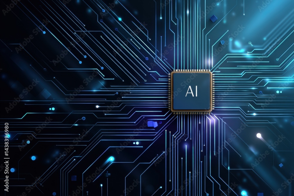 Poster Stylized Microchip Labeled AI at Center With Minimal Technical Background Showcasing Digital Technology