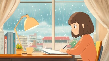 Quiet contemplation, an anime girl with short hair at her desk, notebook and tea, rain-soaked window, soft lamp glow, peaceful study ambiance