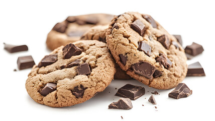 Three chocolate chip cookies with chocolate chips on top and on the bottom