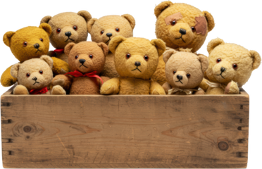 Collection of Vintage Teddy Bears in Rustic Wooden Crate Nostalgia Childhood Toys