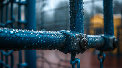 Close-up of a jungle gym in a school playground with intricate metal textures and early morning dew on the surface. The fresh morning atmosphere adds a vibrant, crisp detail to the playground scene.

