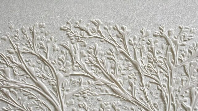 Monochrome textured pattern featuring raised floral elements, branches and leaf buds in a white color palette against a white background.