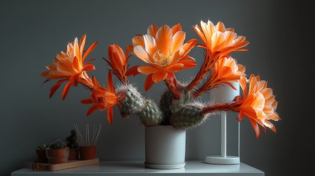 Vibrant Echinopsis chamaecereus with orange flowers on a minimalist desk setup
