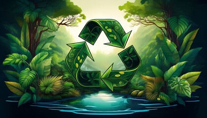 ecological harmony an abstract representation of a serene pond surrounded by lush jungle featuring a central recycling symbol to emphasize the importance of sustainability and conservation