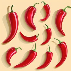 Red Hot Chili Peppers with Green Leaves Vector