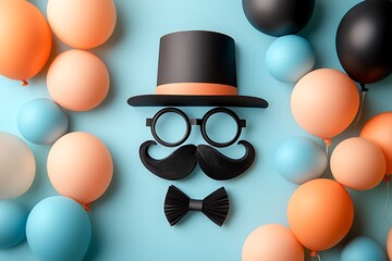 Fathers day celebration with hat mustache bowtie glasses and colorful balloons