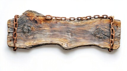 Fototapeta premium Curved wooden sign with natural knots and rusted chains on white background.
