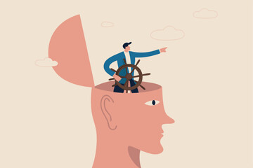 Self control or leadership thinking for business decision or guidance to the right direction, motivation, mindset or consciousness concept, businessman leader control steering wheel helm on his head.