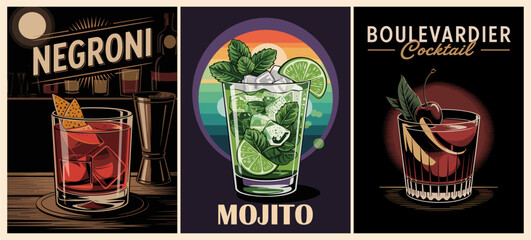 Cocktails retro poster set. Negroni, Mojito, Boulevardier. Collection of popular alcohol drinks. Vintage flat vector illustrations for bar, pub, restaurant, kitchen wall art print.