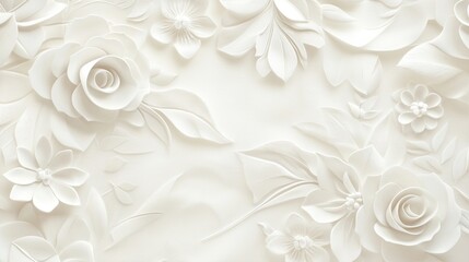 Fototapeta premium A white floral design with roses and leaves.