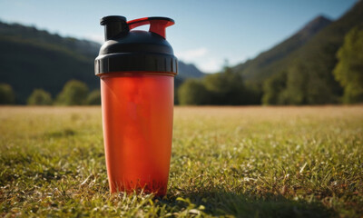 A shaker bottle sits atop a lush green grassy field, perfect for outdoor activities or picnics
