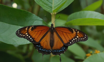 Fototapeta premium A butterfly perched on a green leaf