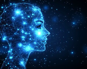 Glowing female profile, constellation-like network