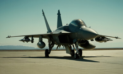 A fighter jet parked on the airport tarmac, ready for takeoff