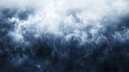 Dark rain clouds with mist and flashes of lightning on white background.
