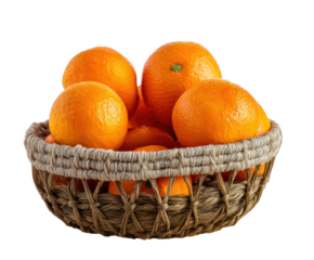 Fresh oranges in a woven basket for healthy eating on a transparent background, cut out