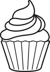 sweet cupcake with cream line art, black outline, vector and illustration, coloring book page line art drawing