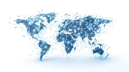 A blue and white world map with many lines and dots