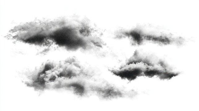 Dark, rolling clouds with mist and rain on white background.