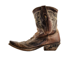 Rustic cowboy boot with intricate stitching perfect for western themes on a transparent background, cut out