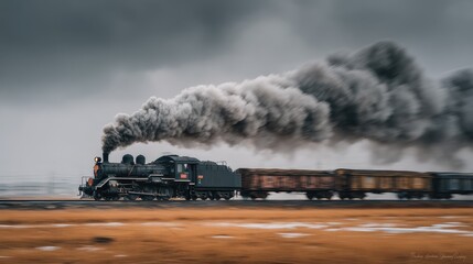 Vintage steam train, billowing smoke, dramatic sky