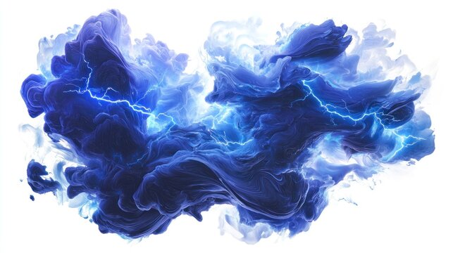 Dark thunderclouds with electric blue lightning streaks on white background.