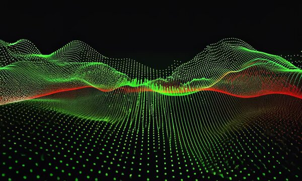 Hi tech motion graphic background, green and red flickering dots on dark background