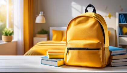 Yellow School Backpack with Books on the Clean Table in Blured Kid Bed Room Background. Back to School Concept. Banner with Copy Space.