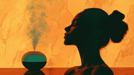 Woman silhouette inhaling aromatherapy diffuser vapor, peaceful moment, wellness.