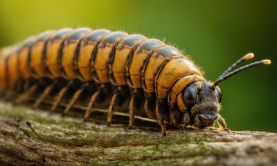 A close-up photo of a caterpillar resting on a tree branch, ready to transform into a butterfly