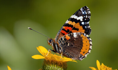 Obraz premium A colorful butterfly perched on a bright yellow flower, simple and natural scene