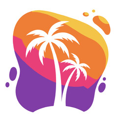 Tropical palm trees silhouette against vibrant sunset background  