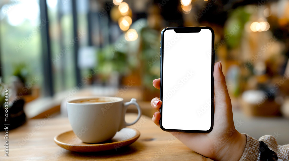 Poster person holding a smartphone with a blank screen in a cozy cafe with coffee on a wooden table : gener