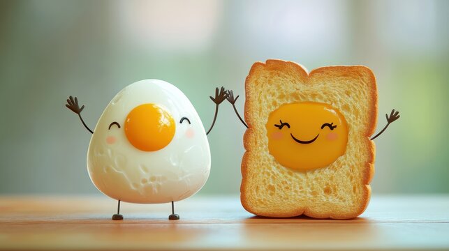 A smiling toast and egg cartoon character high-fiving over breakfast