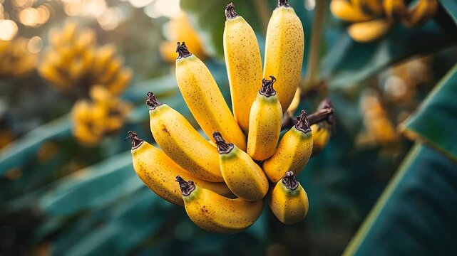 Close Up Bunch Of Yellow Bananas Hanging From Tree