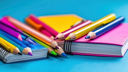 Colorful school supplies on vibrant backdrop