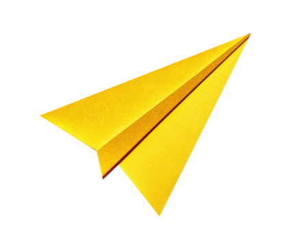 Bright yellow paper airplane for creative design and educational use on a transparent background, cut out - Powered by Adobe