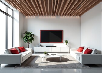 Bright and airy modern living room interior with white sofas, red pillows, and wooden ceiling beams.