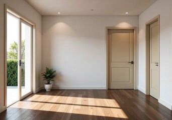 Obraz premium Bright and airy empty room interior with hardwood floors, sunlight streaming through a glass door, and neutral walls. Perfect for real estate listings or interior design presentations.