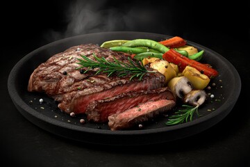 Sizzling Steak with Roasted Vegetables on a Black Plate