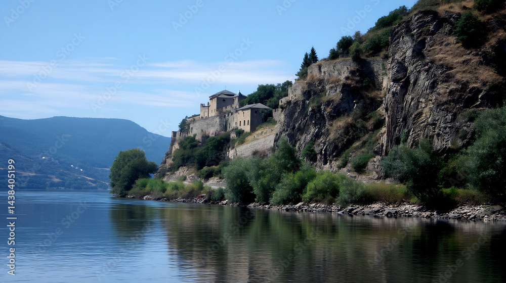 Aufkleber scenic view of a historic castle on a cliff overlooking the tranquil river and lush greenery in the 