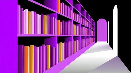 Obraz premium Purple library hallway with bookshelves and arched doorway leading to light