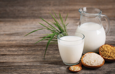 Rice milk in a glass on the wooden table.  Non dairy, plant based alternative milk, vegetarian, healthy food