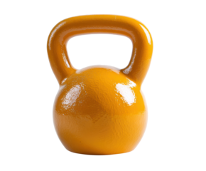 Bright yellow kettlebell for home fitness training equipment on a transparent background, cut out