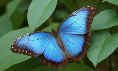 A blue butterfly sits on the tip of a green leaf, enjoying the sunlight