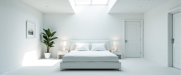 Bright minimalist bedroom interior with white furniture and natural sunlight.